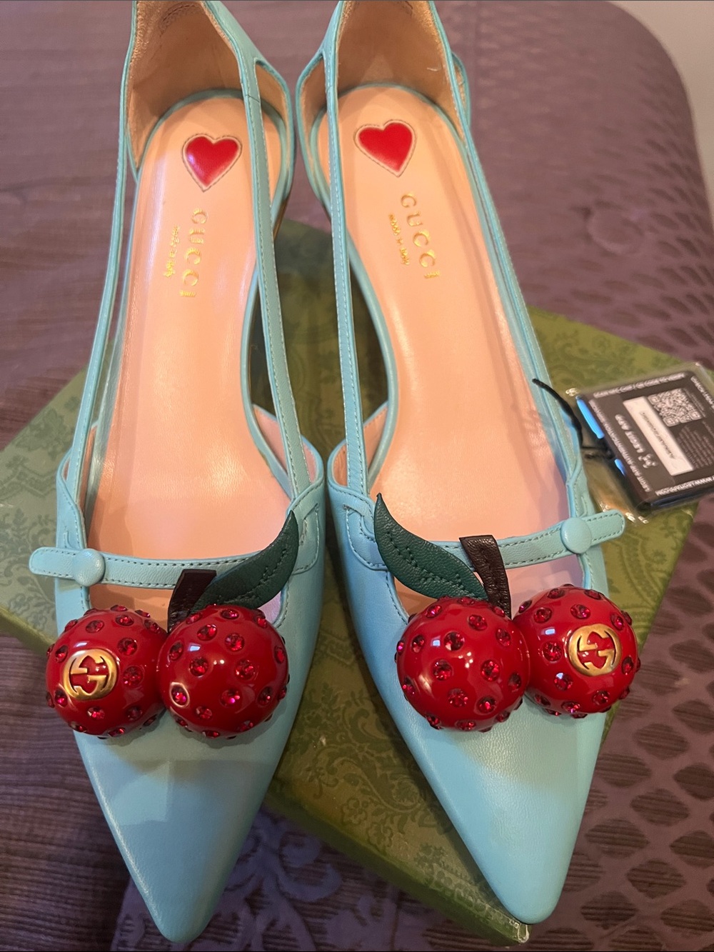 Gucci Aqua Leather Pointed-Toe Slingbacks with Red Cherry THESE ARE STUNNING